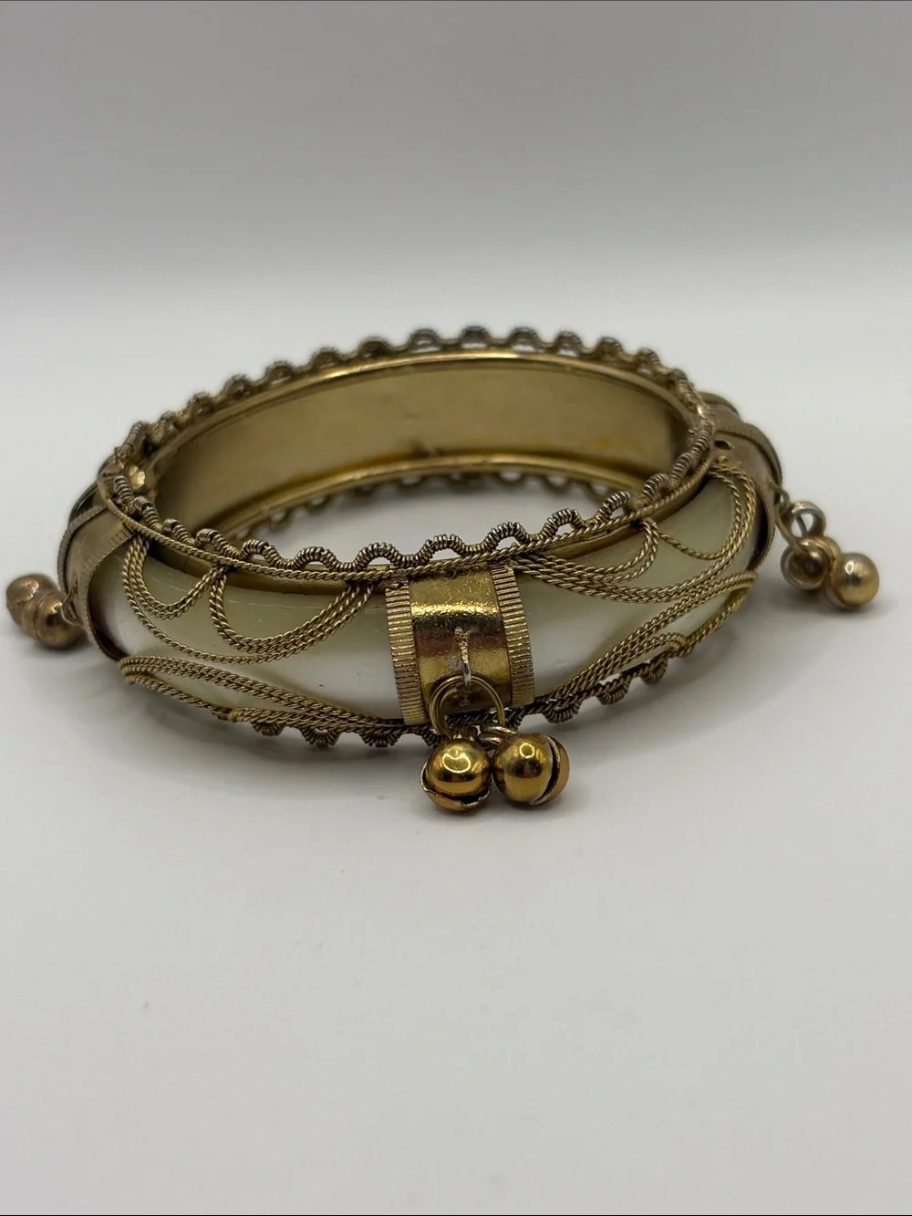 Vintage Gold-Tone Bracelet White Enamel Pearl and Dangle Bells